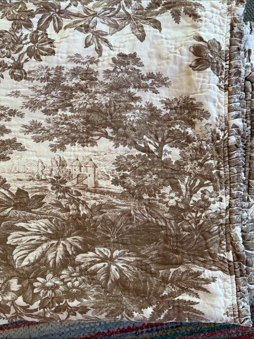 Rare Pottery Barn Matine French Toile Quilt w/ Ruffle Pleated Edges Reversible